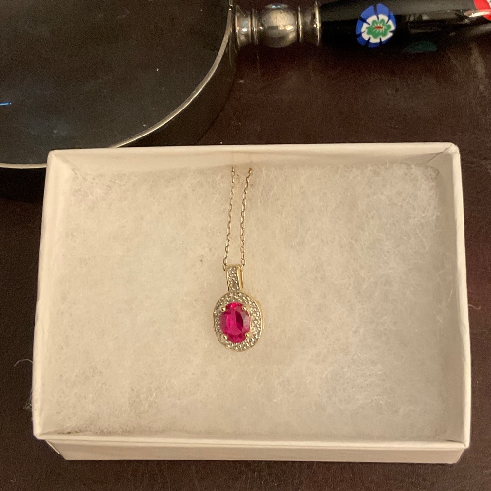 Gold Pendant Necklace with Red Gemstone and Halo Accents